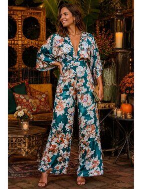 Lulus From Sunrise Jumpsuit Sz Medium Teal Green Tan Floral Satin Wide Leg Boho